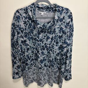 Zac and Rachel Womens 2x Tunic Top Cowl Neck Long Sleeve Blue Gray Mixed Floral